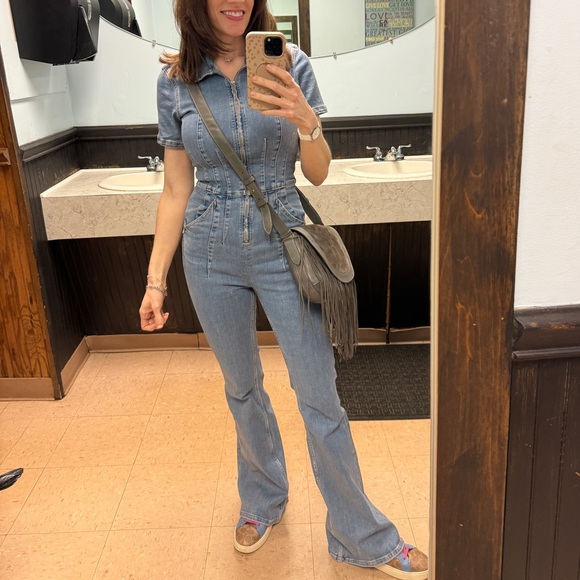 Free People Denim - Free People Jayde point collar short sleeve flared leg flight suit sz S